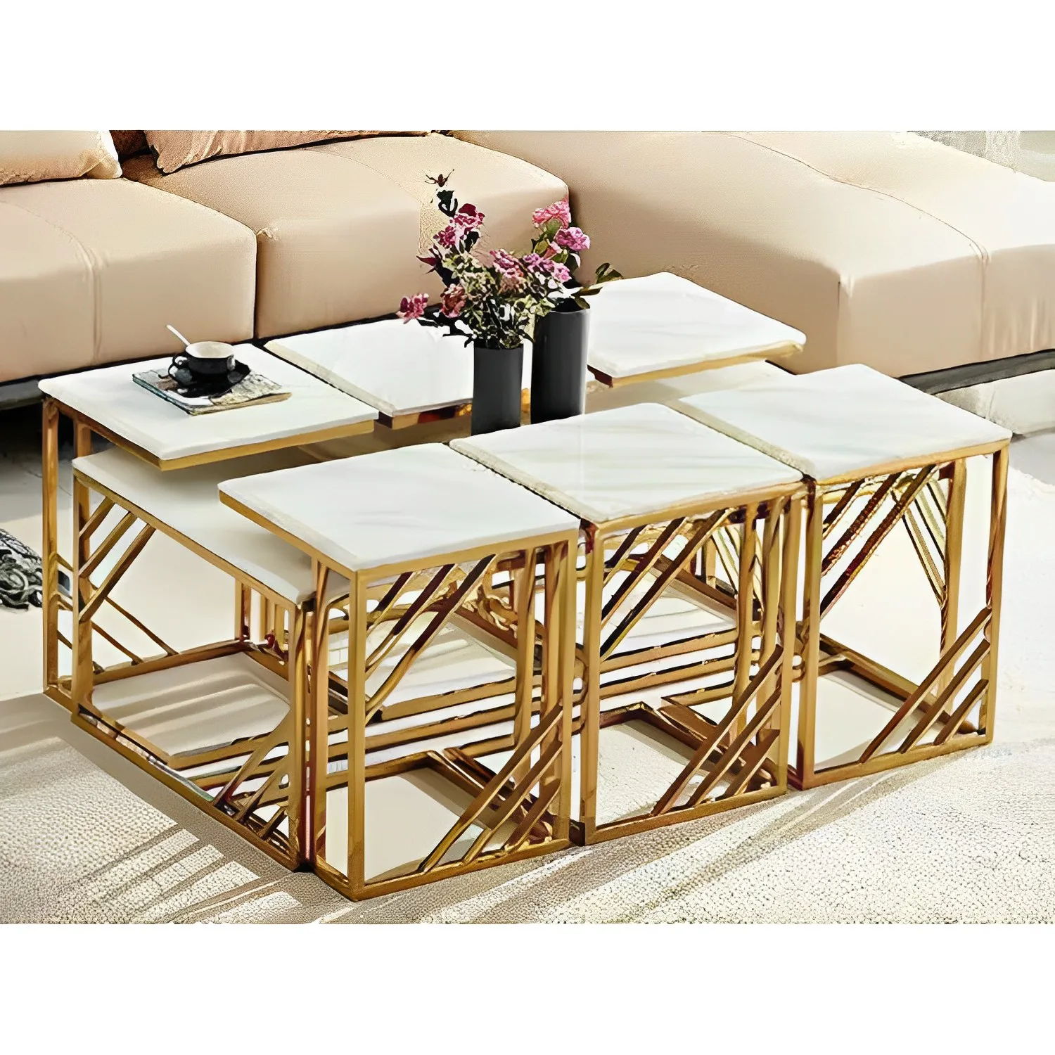Luxury Home Furniture Contemporary Stainless Steel 1+6 Coffee Table with White Marble Top and Geometric Base