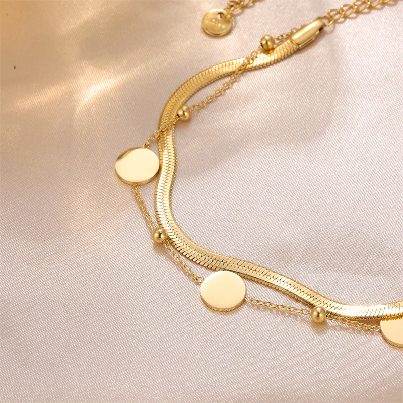 Vintage Women 18k Gold Plated Stainless Steel Double Chain Anklets Adjustable Jewelry Anklets