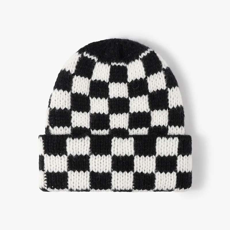 Classic Fashion Winter Warm Thickened Unisex Cuffed Plaid Crochet Multi Checkered Knit Beanie Hat