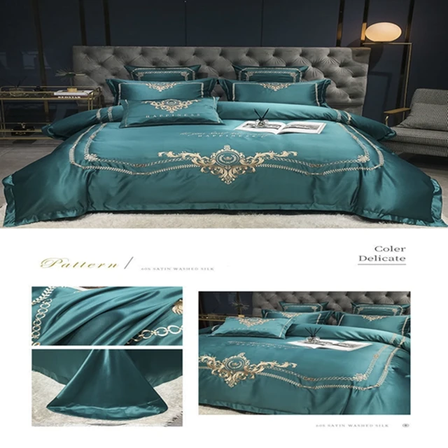 EUROPEAN STYLE LUXURY EDGE GREEN SILK COTTON  EMBROIDERED BEDDING SETS QUILT COVER