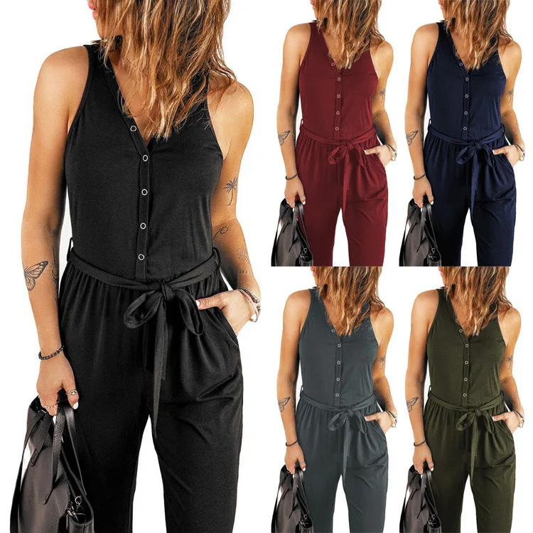 Custom Solid Color V-neck Casual Pencil Pants Sleeveless Women Fashionable Summer Rompers Jumpsuit