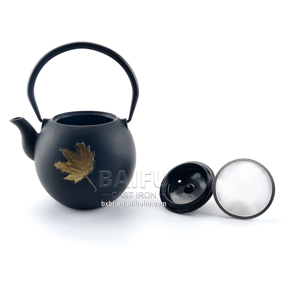 Gold Leaf Design 1 L Teapot Cast Iron Japanese Tetsubin tea kettle with Infuser for Loose Leaf Tea Enameled Interior tea pot
