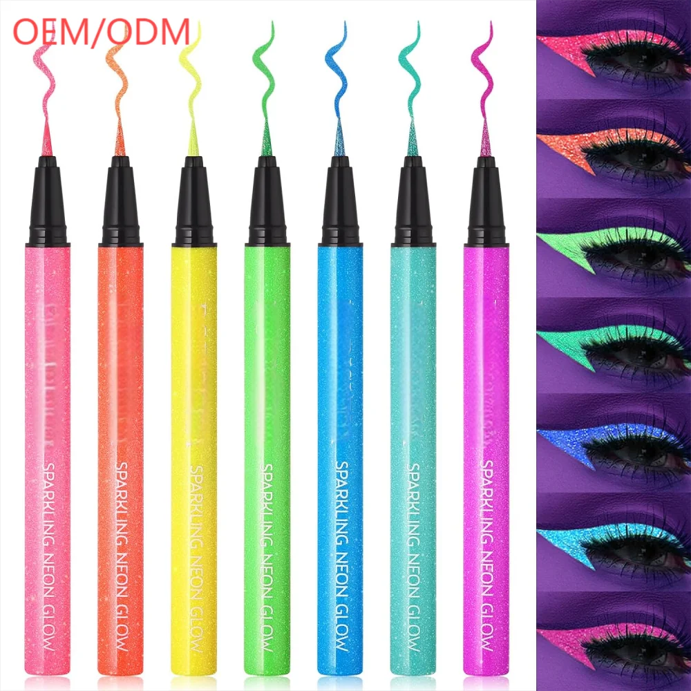 Private Label 7 Colors Glow In The Dark Makeup Neon UV Glitter Eye LinerBlacklight Shimmer Liquid Eyeliner