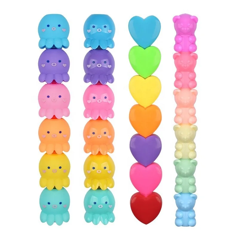 Creative Kawaii Cute Cartoon Highlighter Pens Bear Heart Octopus Flower Shapes Pastel Stacking Highlighter Pen for Kids