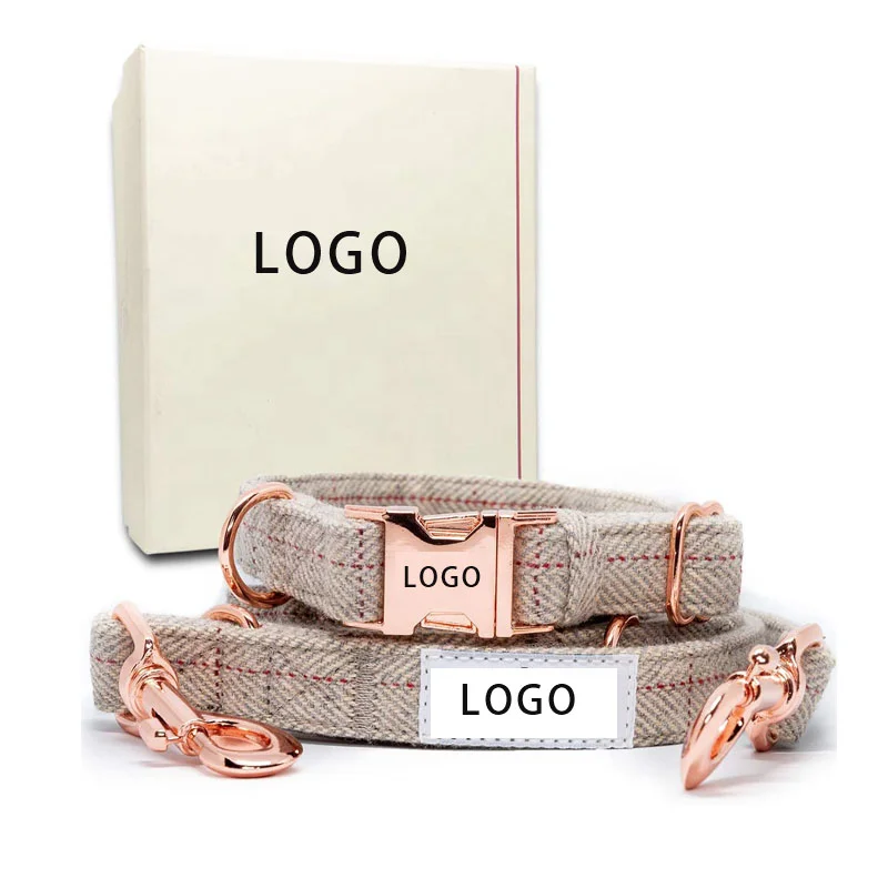 
Custom Personalized Logo Soft Fashionable Tweed Dog Collar Rose Gold Metal Buckle 