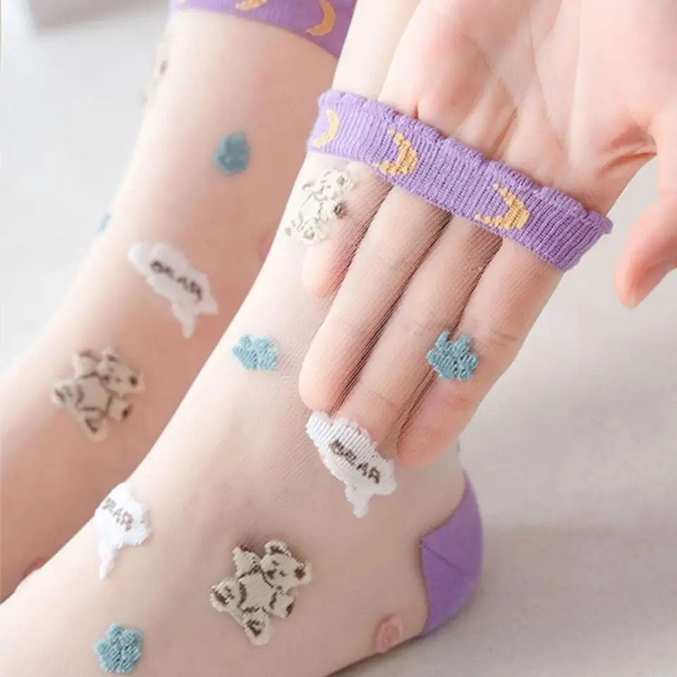 Wholesale Summer Girls Transparent Glass Fiber Thin Socks Jacquard Crystal Fiber Long Stockings for Women