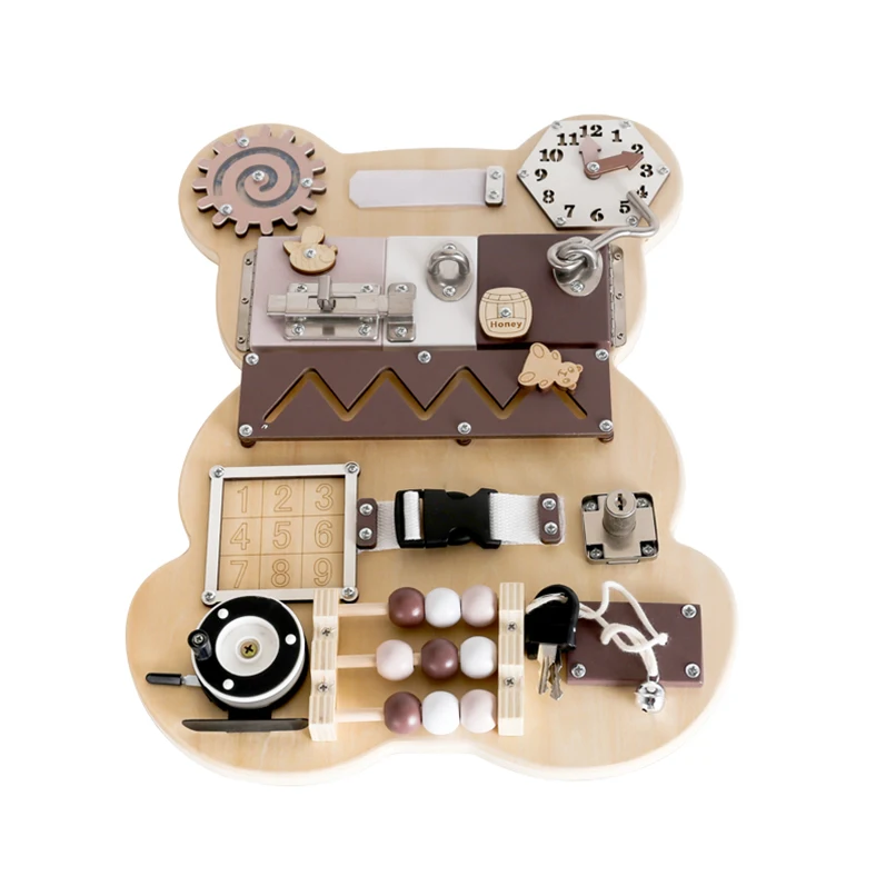 Best quality montessori logical thinking activity wooden bear busy board toys for toddlers