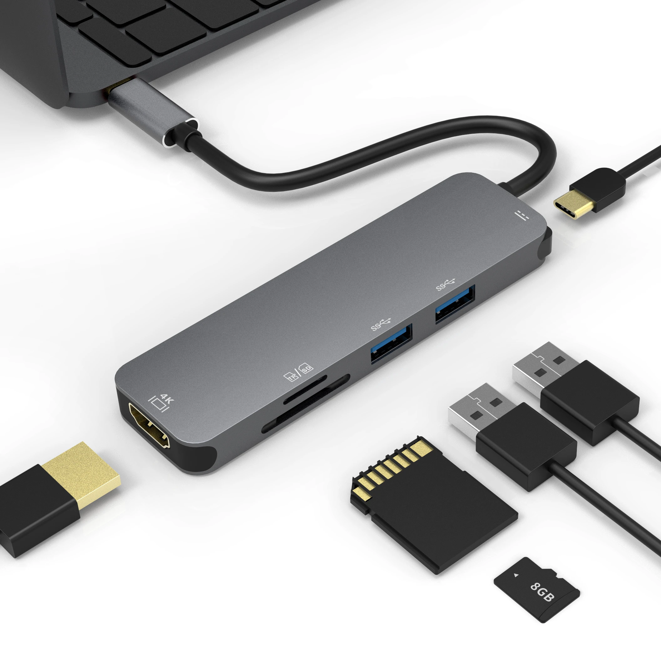  Изготовленным на заказ логосом 6 в 1 Алюминий 4K Кабель с разъемом USB типа C концентратор проходной 60 Вт Мощность доставки SD устройство для считывания tf-карт и 2 * USB3.0