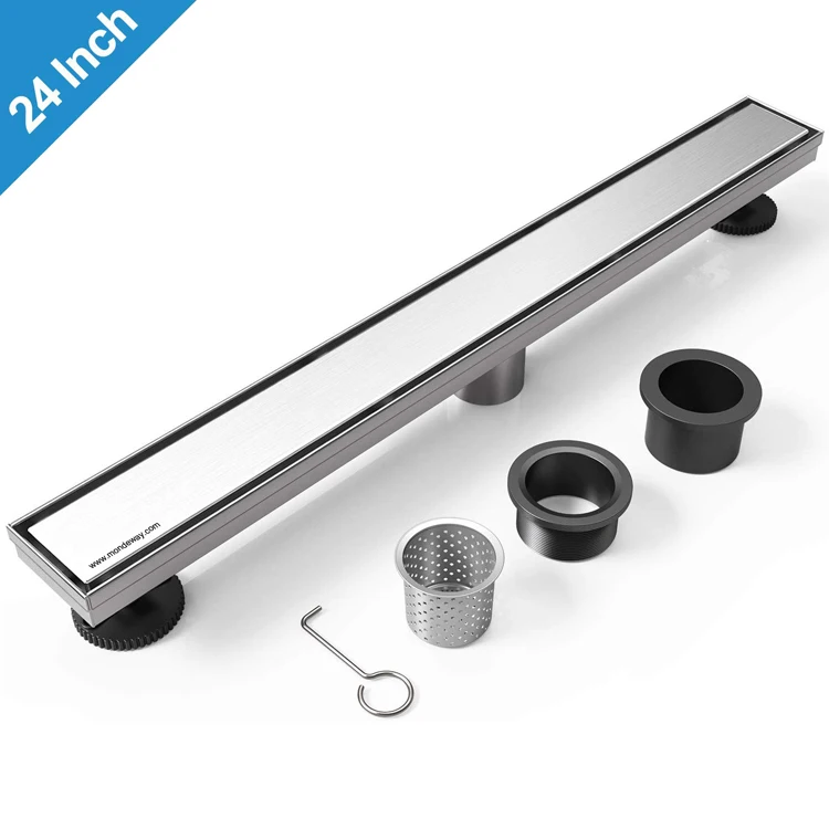 Mondeway Reversible 2-in-1 Flat Cover Brushed Nickel Stainless Steel Bathroom Floor Drain 24 Inch Linear Shower Drain