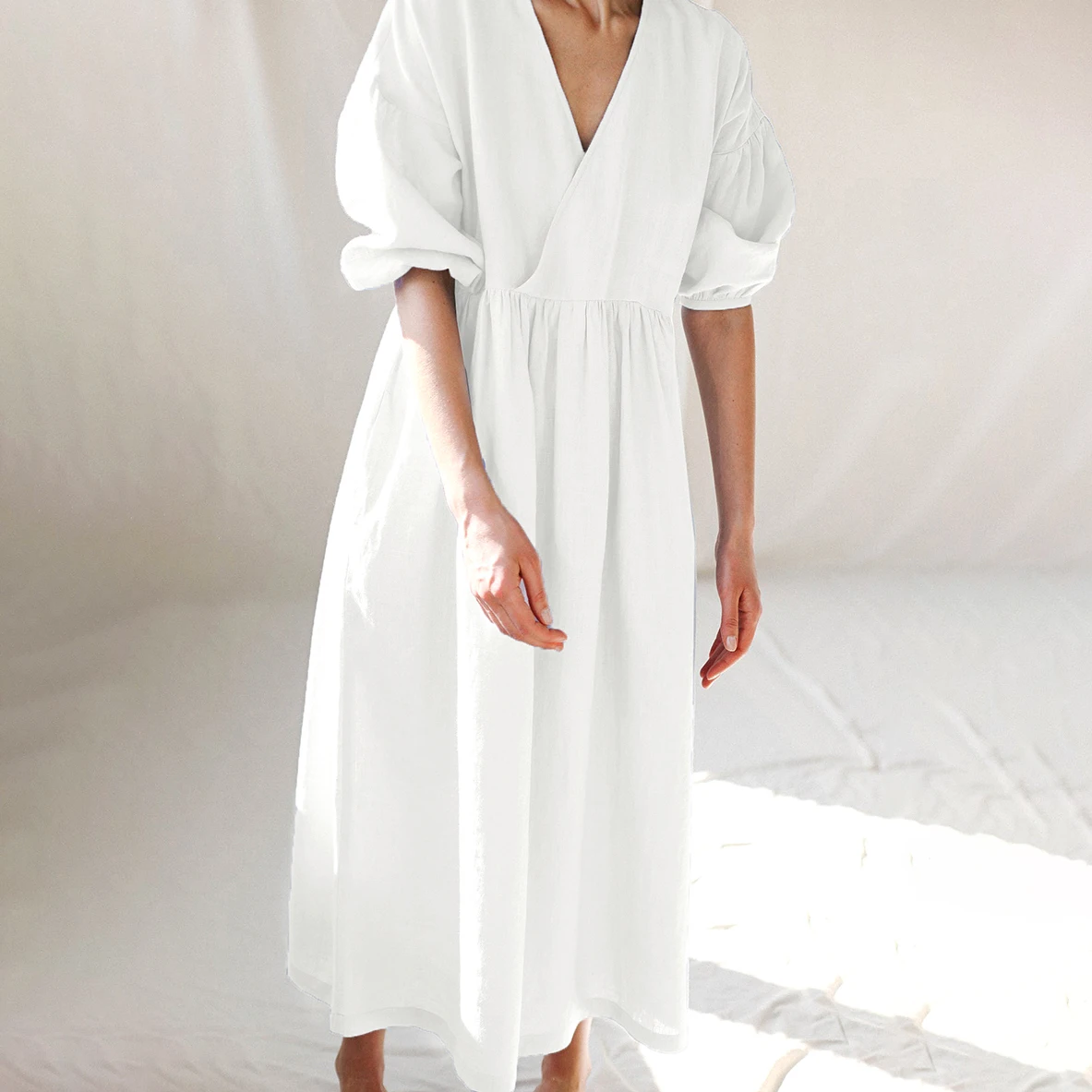 wholesale women clothing dress customize OEM-service 55%linen 45%cotton V-neck middle length sleeve large size long skirt