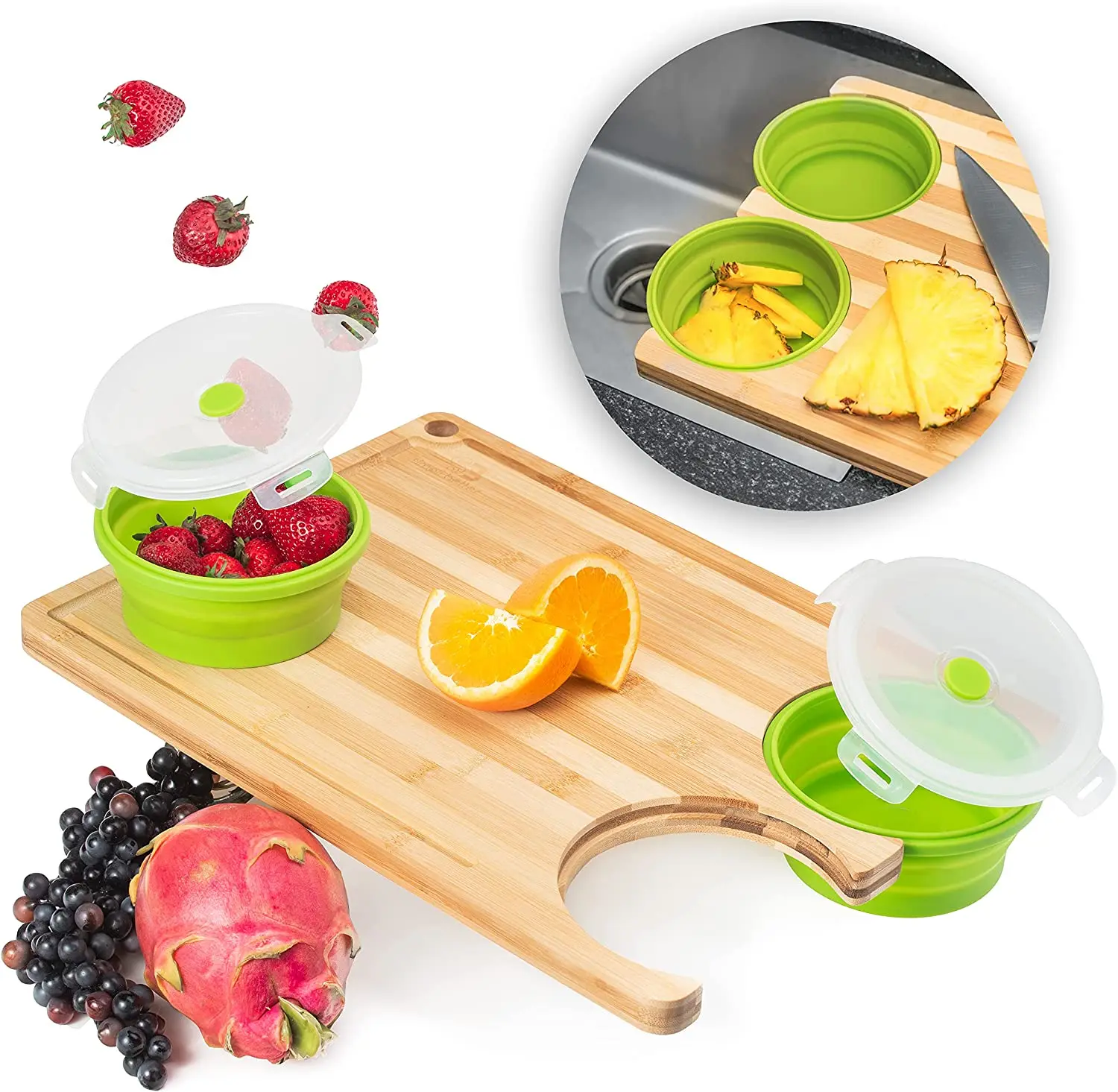 Over The Sink Bamboo Cutting Board with Collapsible Containers With Seal Tight Lids