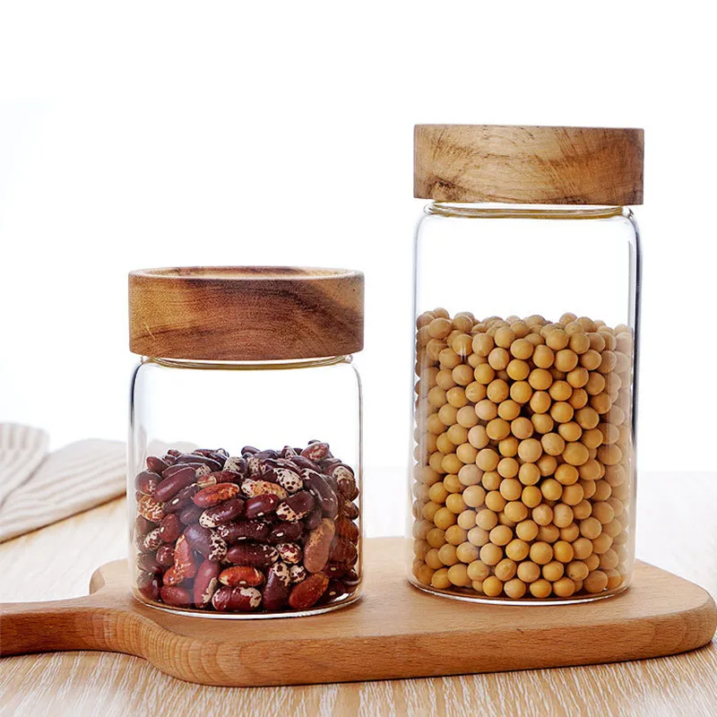 
Promotional round high borosilicate bamboo lid sealed airtight glass storage jars 