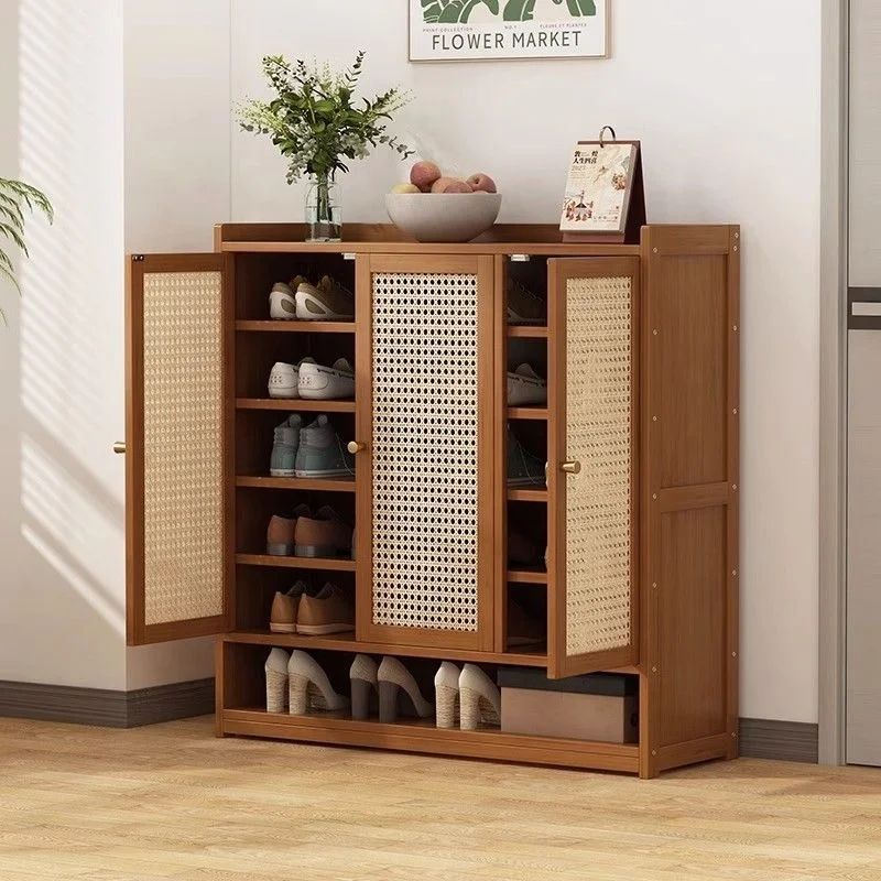 Natural shoe cabinet with PE rattan decorative door, solid wood feet for hallway entrance living room