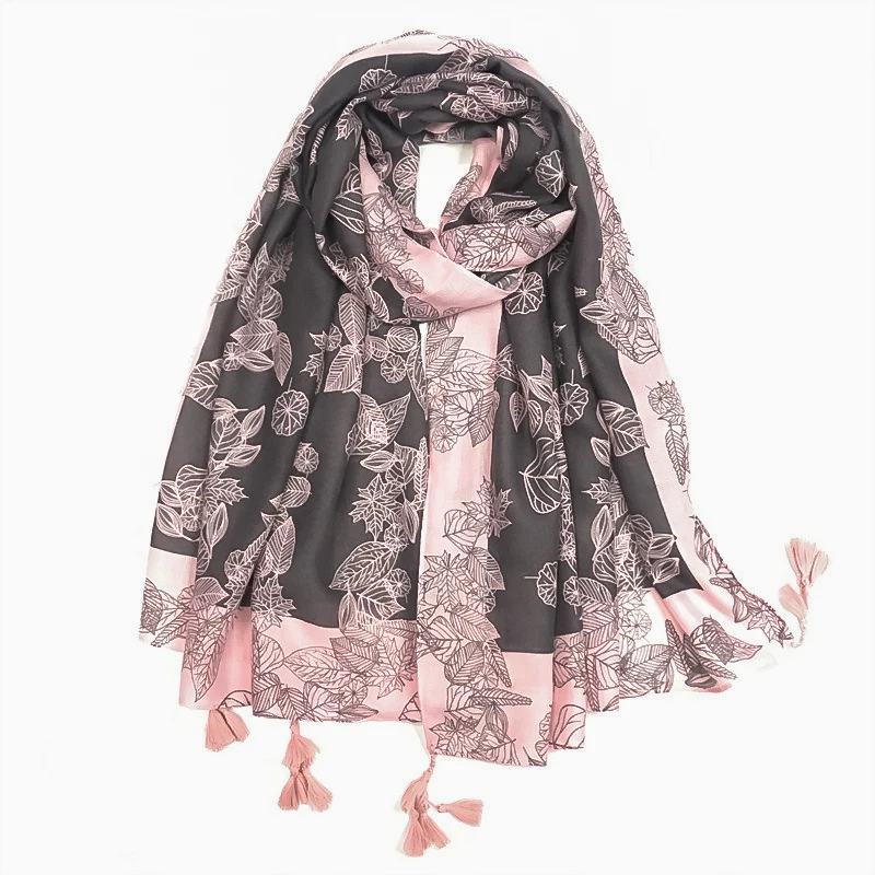 Cross border special supply for spring and summer leaf cotton and linen scarf printing new spot