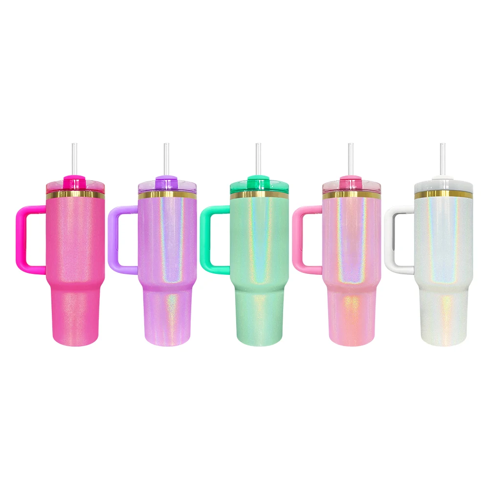 40 oz Gold Plated Stainless Steel Vacuum Insulated Travel Tumbler Colored Sublimation 40oz Shimmer Tumbler with handle and straw