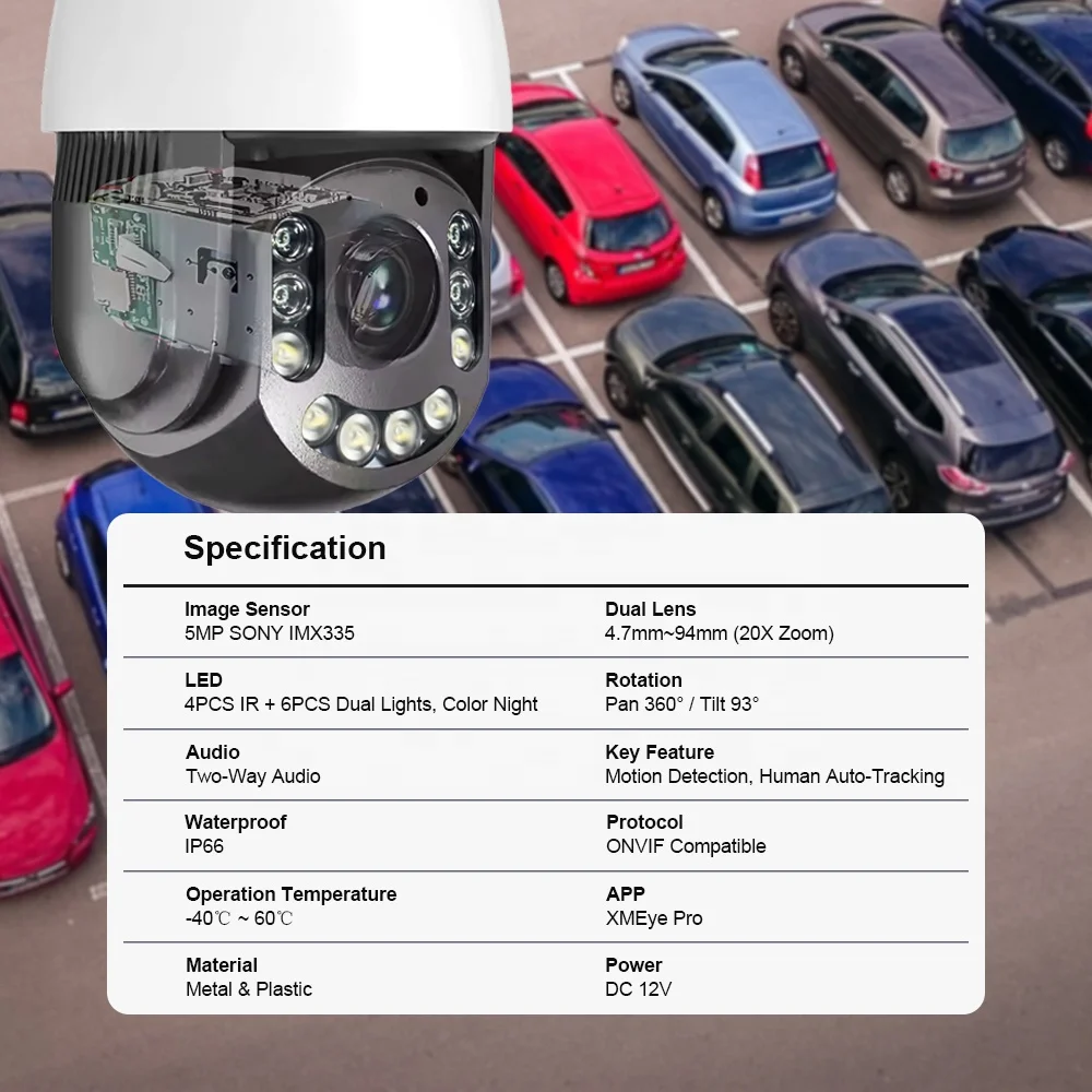 Two Way Audio AI Auto Tracking 20X Zoom 5MP IP Speed Dome PTZ Network Camera with HIK NVR Compatible