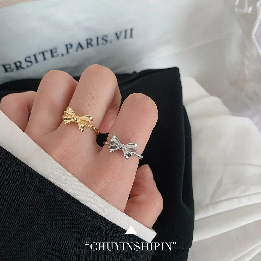 Ins Delicate Gold Plated Smooth Bow Shape Band Rings S925 Sterling Silver High Polished Bowknot Rings