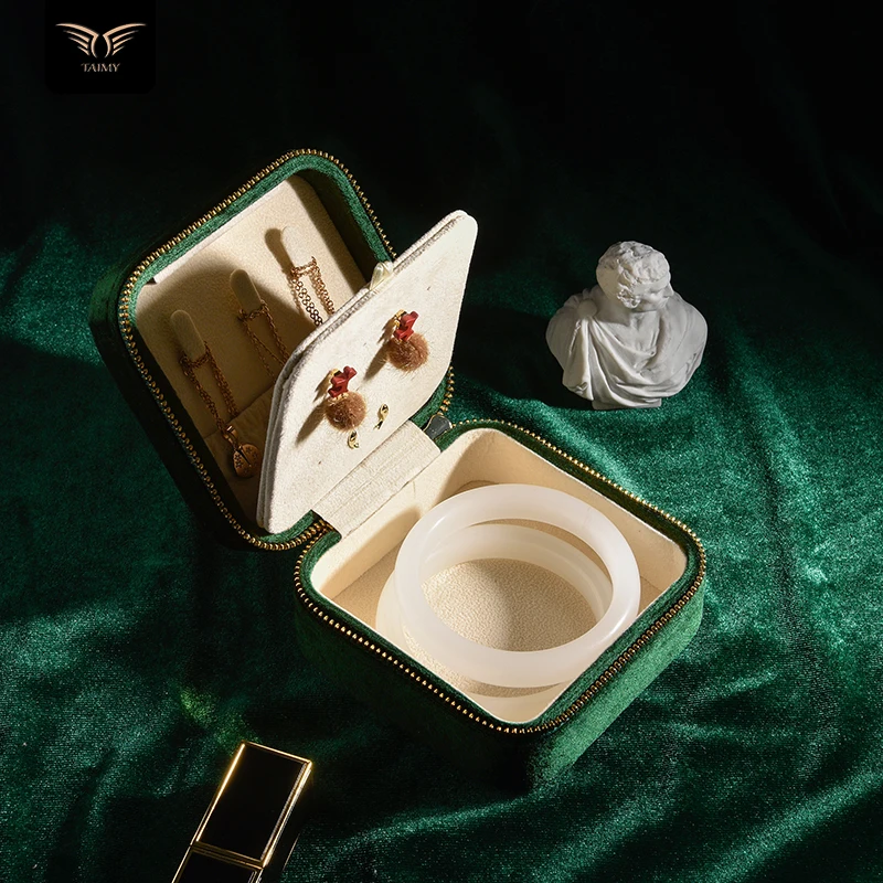 Low MOQ wholesale square shaped zipper lock portable bracelet earring necklace ring boxes velvet jewelry packaging storage box