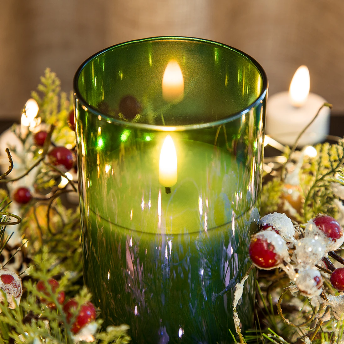 Wholesale 3d flameless Wedding pillar paraffin wax green glass led scented candles