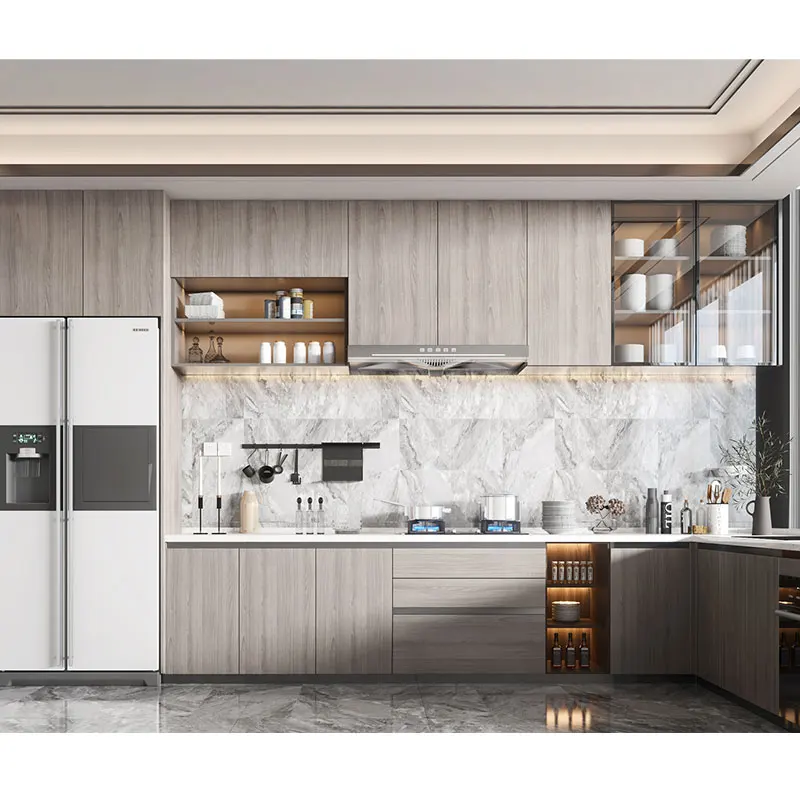 Classic Simple Wood design Metal Furniture ECO Friendly Fireproof Water Resistant Modular Aluminium Kitchen Cabinet