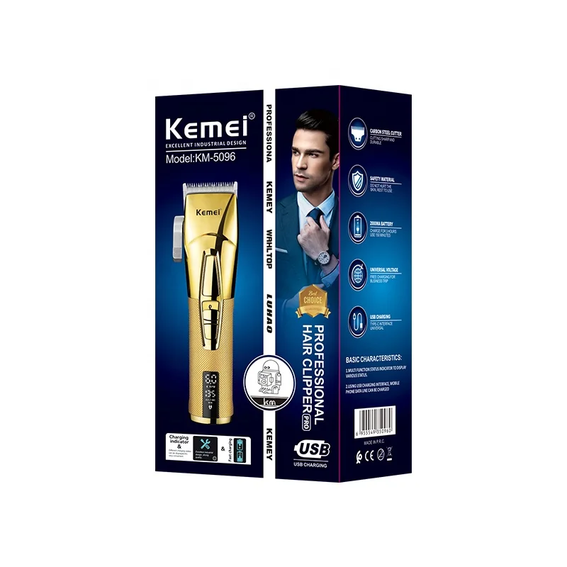 Usb Digital Display Rechargeable Hair Clipper Kemei Km-5096 8 Limit Comb Steel Blade Metal Hair Cutting Machine For Man Electric