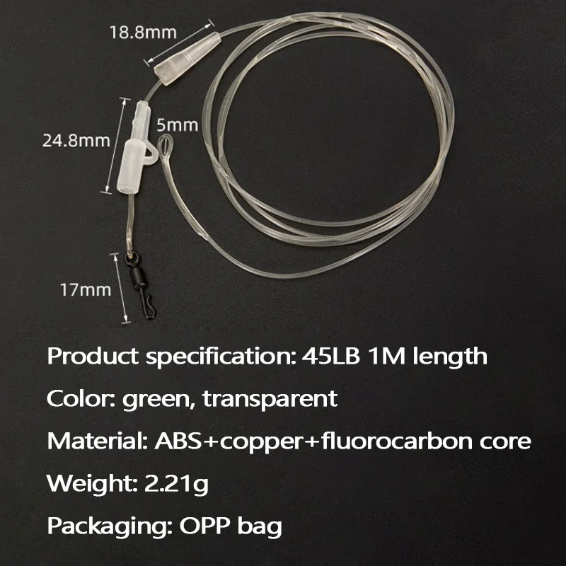 High Strength 45LB Nylon Line Carp Leader Fluorocarbon hooklink Clear color Free with Clip Ring Quick Change Swivel