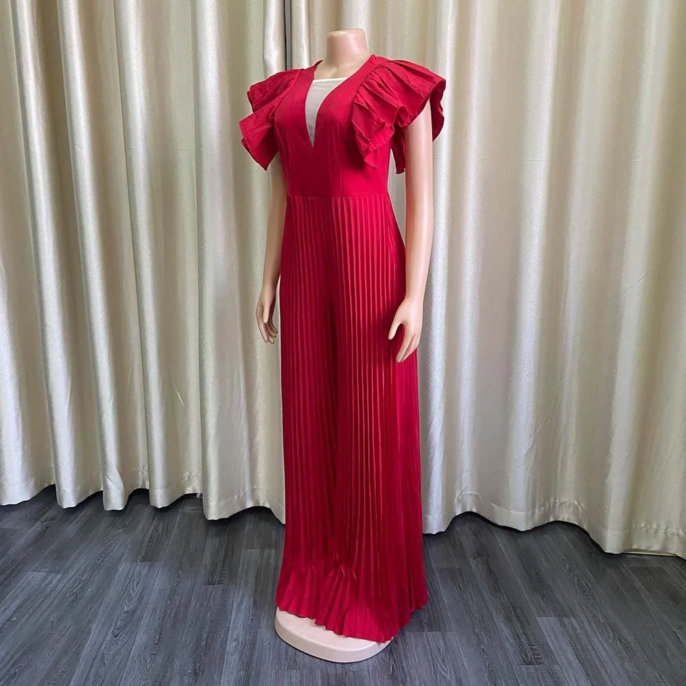 H3185 Women Deep V-neck Short Sleeve Pleated Party White Plus Size Europe Lady Elegant Long Maxi Casual Red Floor Length Dress