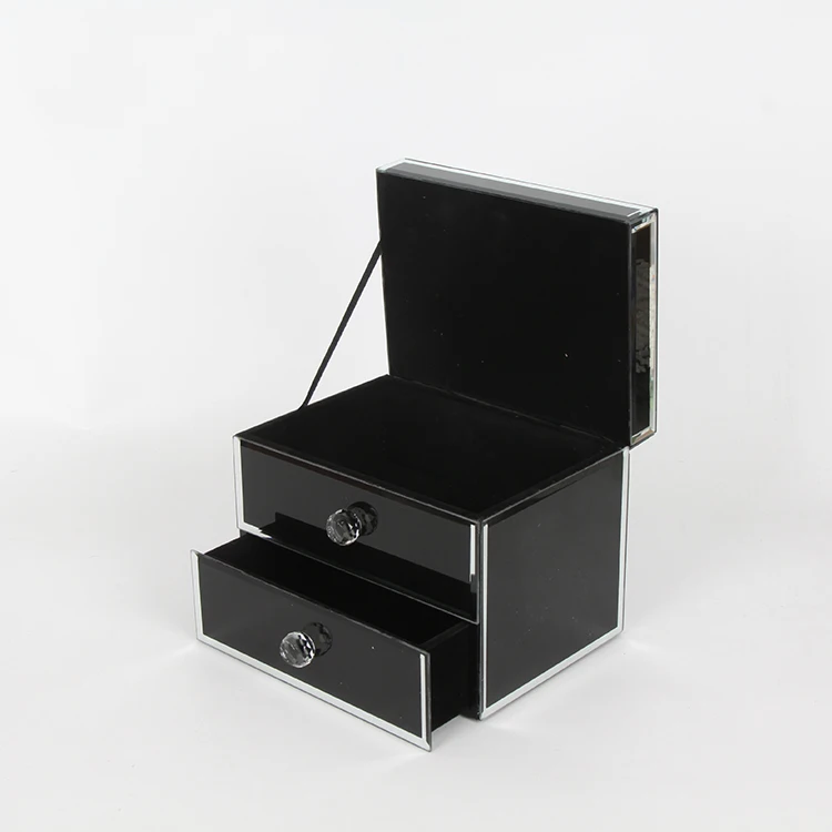 Black Luxury Glass Jewelry Box with Clear Stone Custom-Made Wedding Gift Two Layers Drawer Type Similar to a Photo Frame