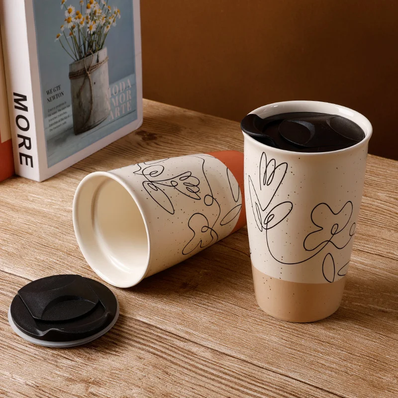 YST ceramics Manufacturer Modern ceramic Travel Mug Creative Flower Pattern Double-layer Coffe Cup with Lid