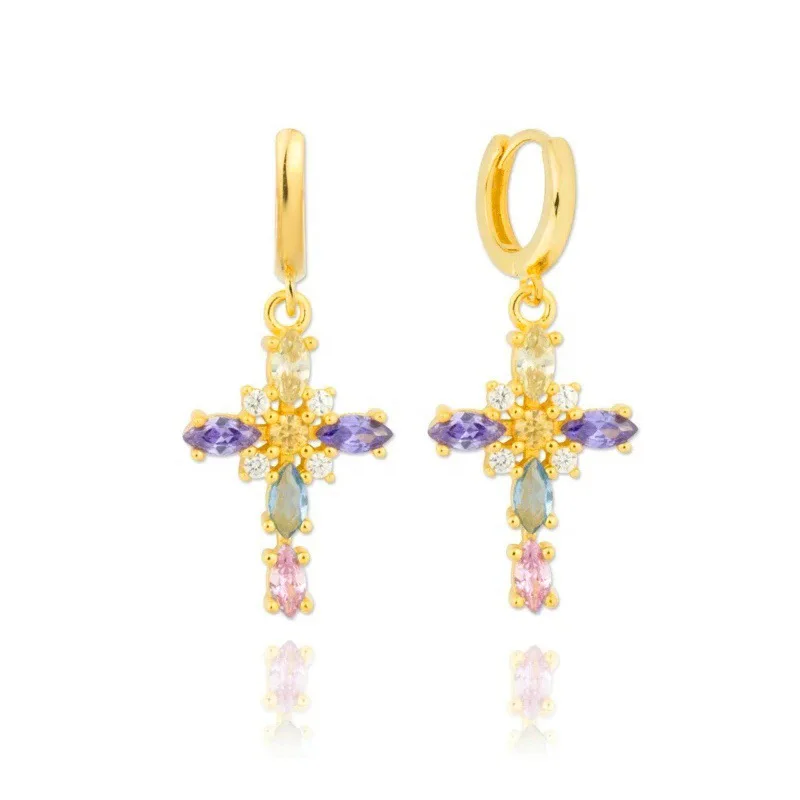 Brass Earrings Cross Geometry Color Zircon Pendant Gold Silver Earrings for Women Hainon 2012