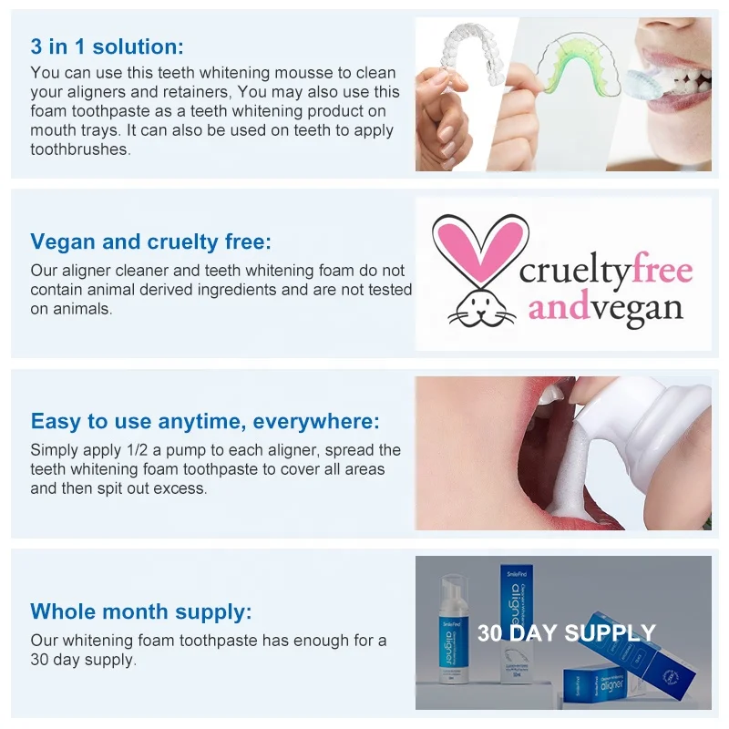 Smilefind 40ml Kills 99.9% Of Bacteria Foam Toothpaste Aligners Cleaner+Whitening For Teeth Veneers Retainers Cleaning