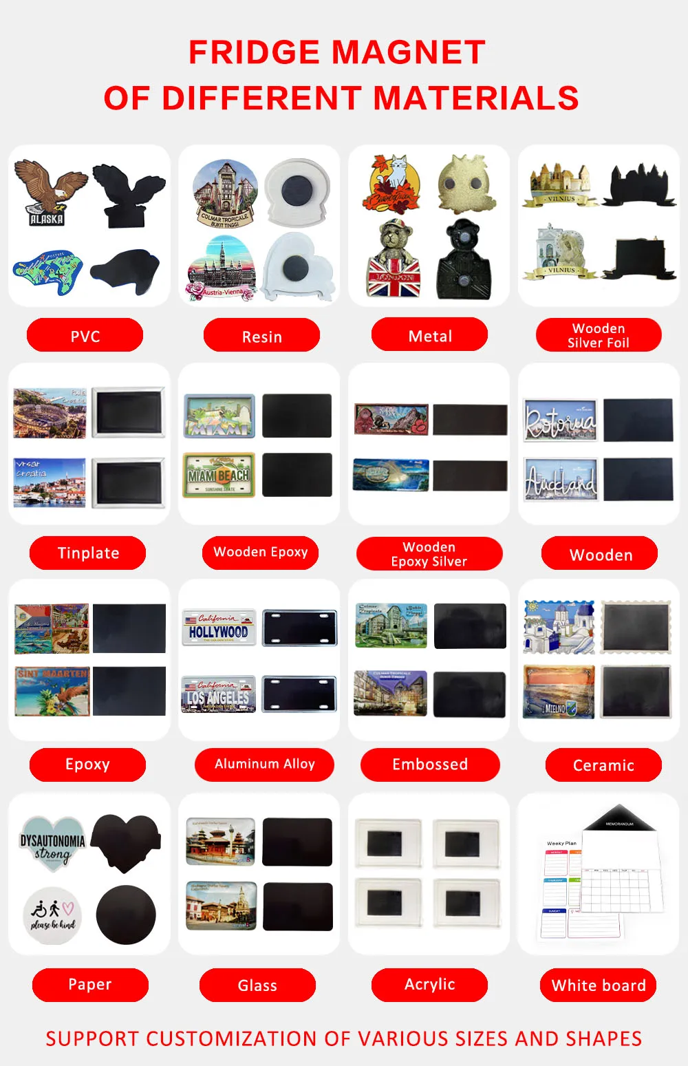 Promotional Rectangular custom design magnet metal memorial fridge for decoration