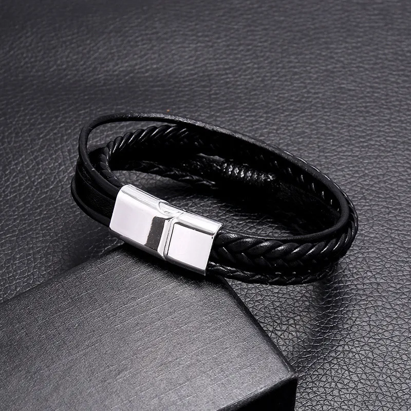 Wholesale Black Stainless Steel Magnetic  Handmade Genuine Wrap Bulk Titanium Woven Braided Multilayer Leather Bracelet for Men
