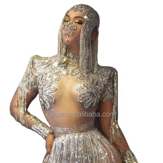 Sexy Stretch Rhinestones Tassel Bodysuit Mesh Transparent Leotard Stage Wear Bar Singer Performance Latin Dance Costume