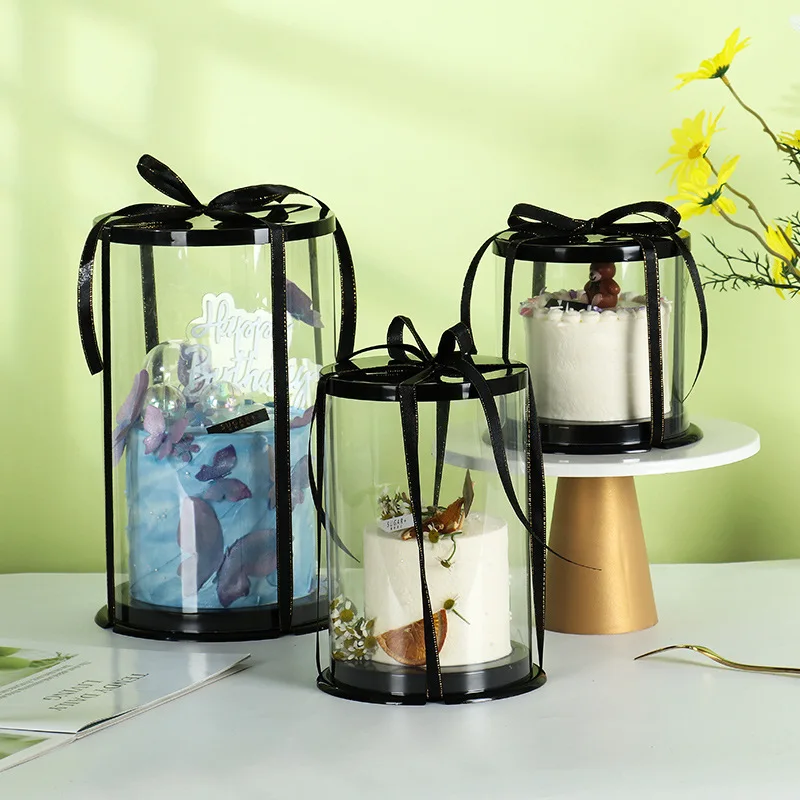 In Stock Transparent Black Round Cake Box 6/8/10Inch Bake Cake Packaging Box Gift Box