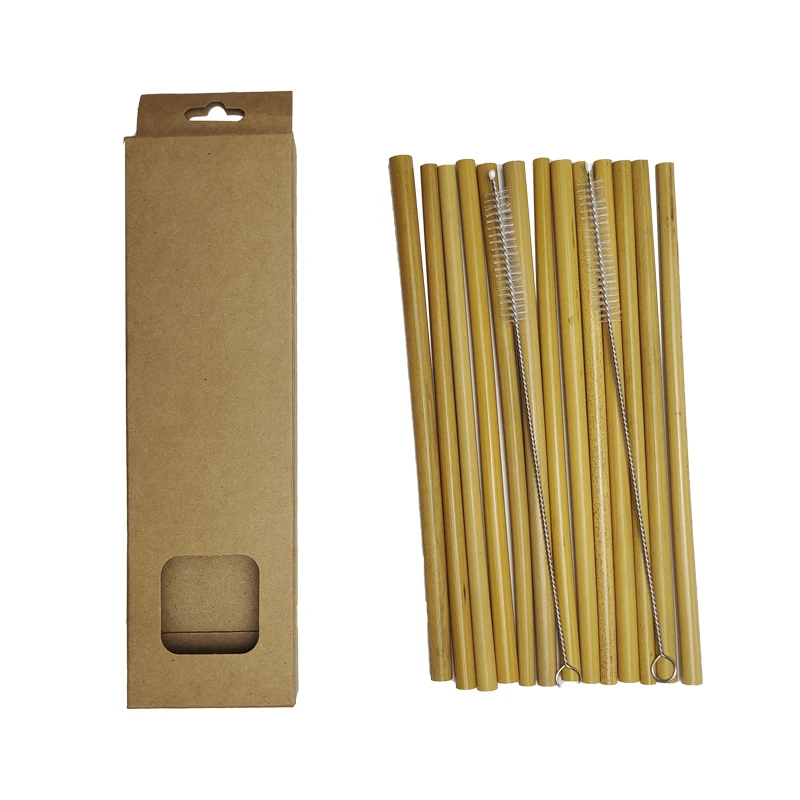 Low price wholesale stock large quality bamboo straw brush set 12 +1 straight or curved bamboo straw set