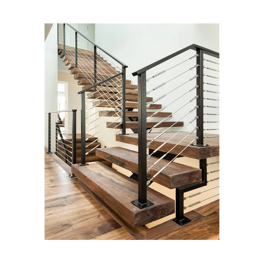 Prima Straight Single Steel Stair Center Beam Straight Staircase Cable Railing Stringer with Wooden Step Design