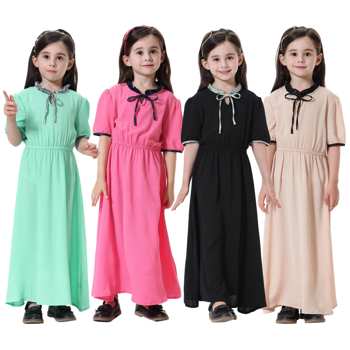 High quality woven fabric summer girl clothing half sleeve o neck collar islamic girl clothing