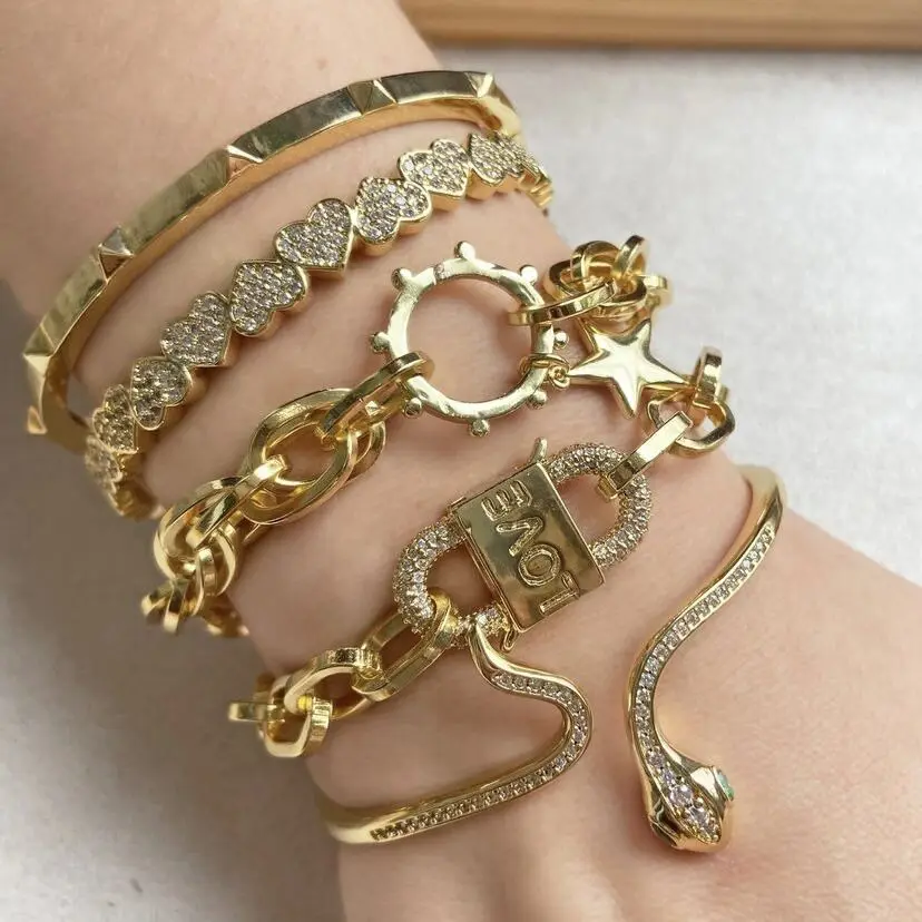 BD-A2515  Ins Hot Luxury Gold Plated Bangle Cuff Bracelet,cz Micro Pave Heart Lock Charm Bracelet Bangle Wholesale
