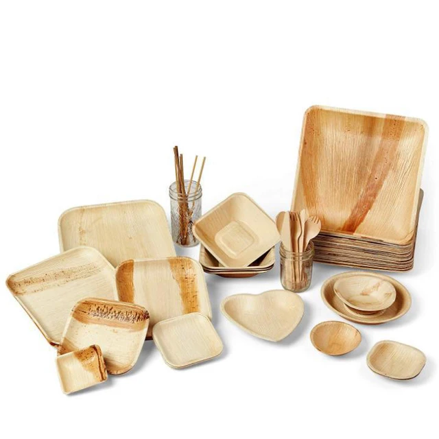 Biodegradable Areca palm leaf wooden bamboo plate, round palm leaf plates with cutlery