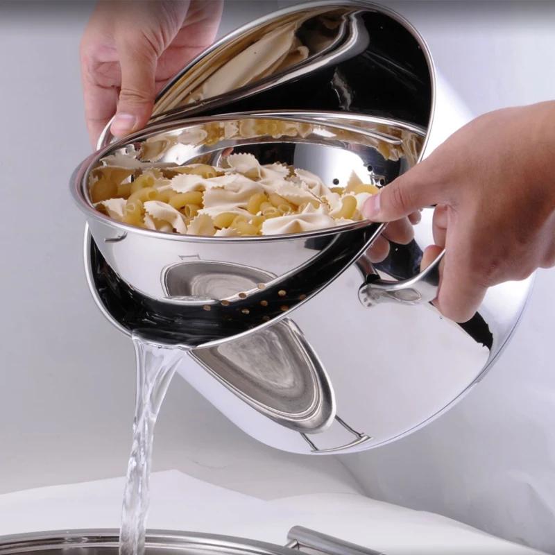 Functional Design 304 Stainless Steel Swing Pasta Steamer Set Casserole with Tempered Glass Lid Swing Colander Soup Cooking Pots