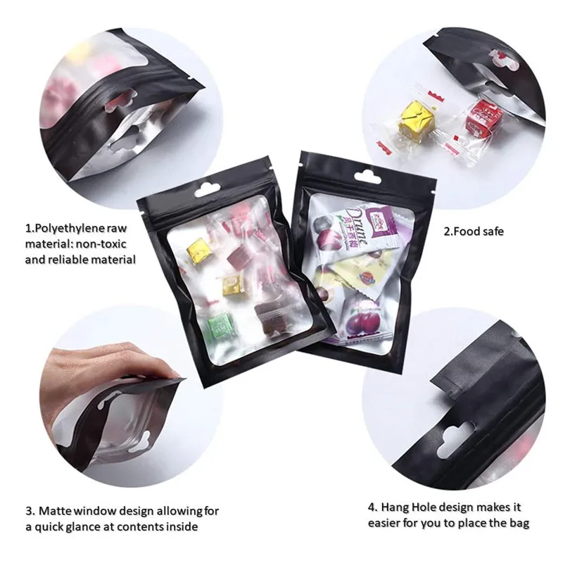 Heat seal food storage resealable foil pouch euro hang hole odorless mylar bags clear window Aluminum matte black ziplock bags
