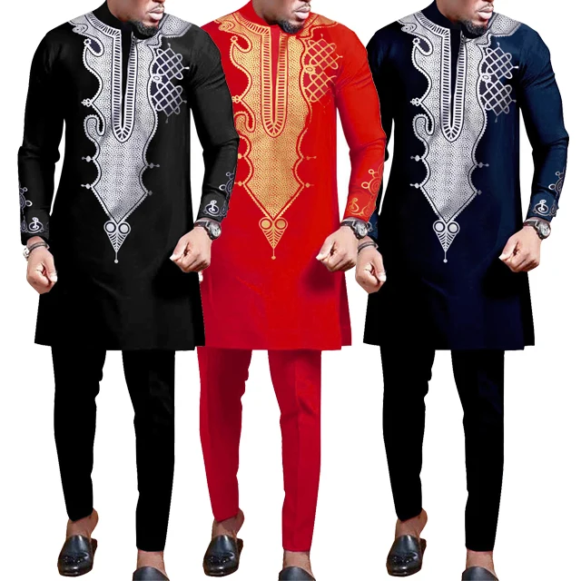 2 Pieces Set of Traditional Africa Men Clothing African Men Set with Cheap Long Sleeve four seasons Polyester OEM Service