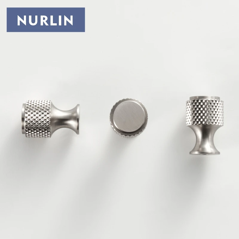 Nurlin New Solid Brass Diamond-cut Cross Knurl Pattern Nickel Drawing Brushed Nickel Matt Silver Cabinet Knobs Handles