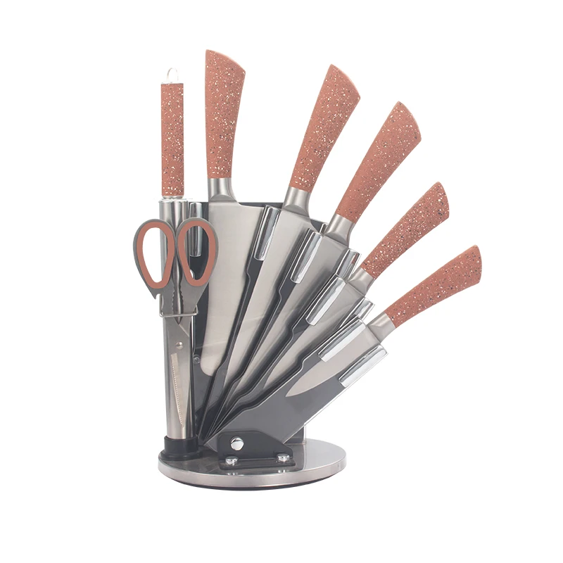 Hot selling 8pcs knife set in hollow handle with white marble coating handle and acrylic holder