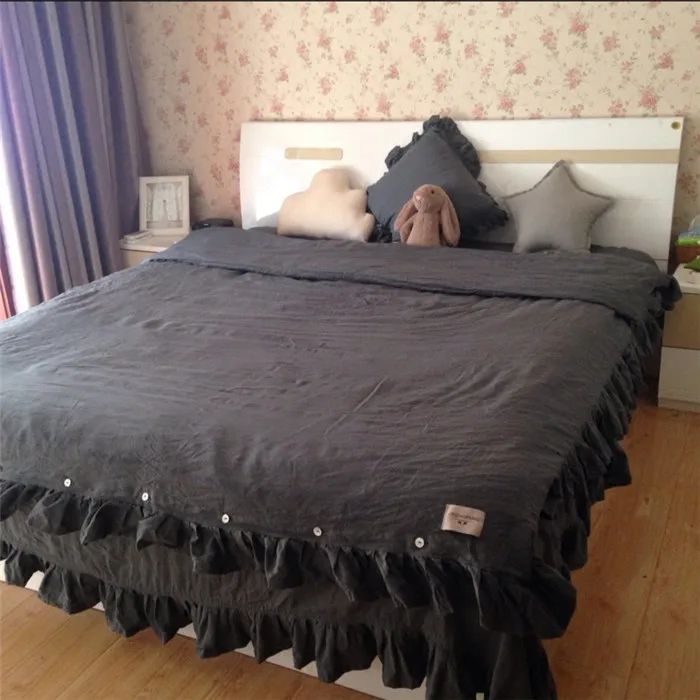 Hot Sale Bed Linen 100% Pre Washed Pure Linen Quilt Duvet Cover Princess Bed Sheet Bedding Sets With Lotus Leaf Edge