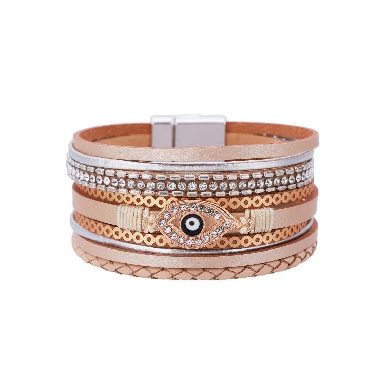 Boho Retro Ethnic Turkish Blue Eyes Bracelets Bangle Handmade Braiding Multilayer Leather Wrap Bracelet with Magnetic