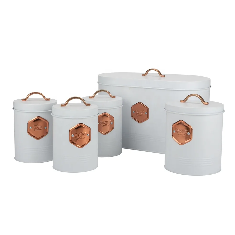Professional Kitchen Metal Tea Coffee Sugar Biscuits Bread Storage Copper Tag Canister Tin Set of 5