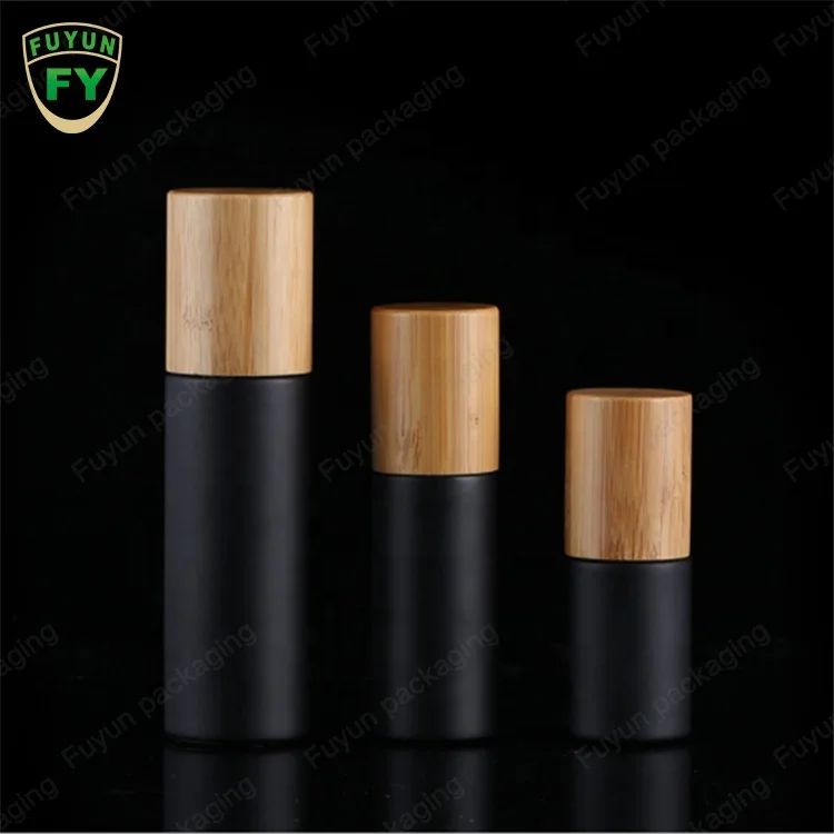 Fuyun Luxury Skincare Glass Container Black Frosted Toner Spray Bottle Bamboo Cap Matte Black Glass Cosmetic Spray Bottle