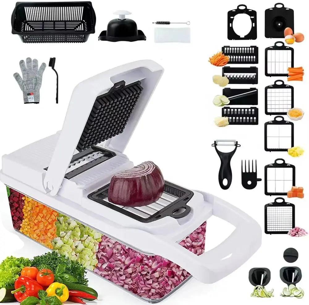Vegetable Chopper - Cheese Grater, 13-in-1 Mandoline Slicer Chopper Vegetable Cutter, Anti-Slip Container, Chop-Cut-Spiralizer